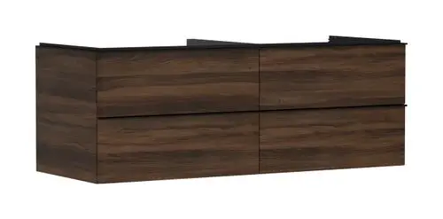 Waschtischunterschrank aus Holz in dunkler Nussbaumoptik mit vier Schubkästen, geeignet für die Verwendung mit Hansgrohe Aufsatzwaschtischen.